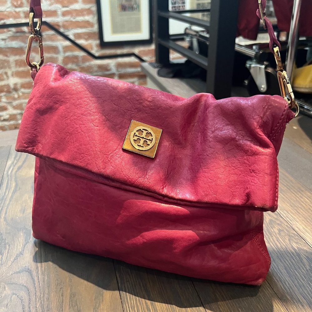 Tory Burch Pink Leather Crossbody Fold-Over Bag with Gold Logo